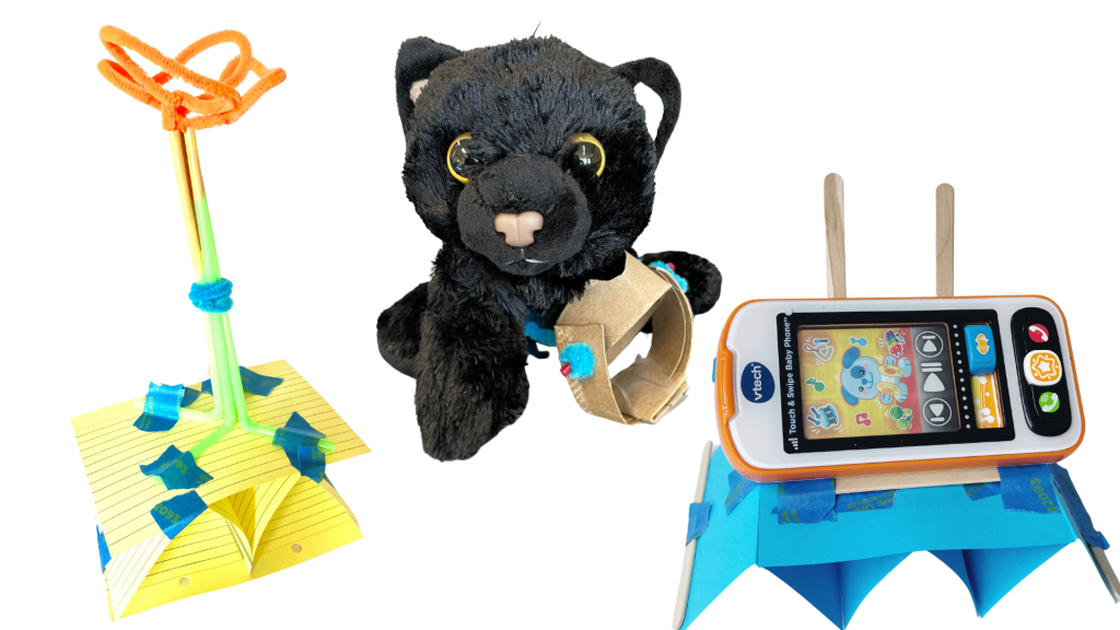 This image shows 3 DIY STEM projects for middle schoolers, including a model space needle, a stuffed cat with a prosthetic leg, and a cell phone stand.