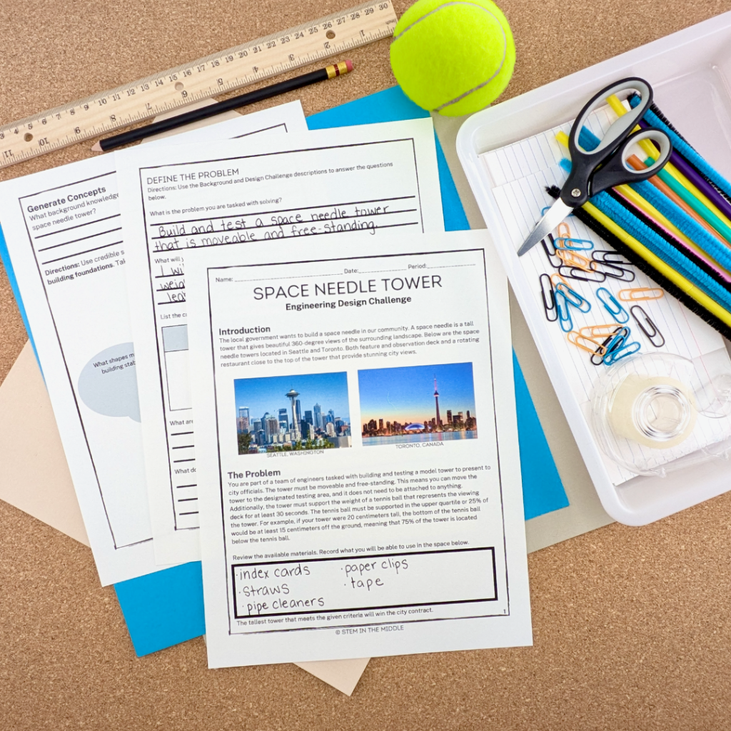 This image shows a set of worksheets titled "Space Needle Tower: Engineering Design Challenge." The worksheets are surrounded by STEM supplies, including a ruler, a tennis ball, scissors, straws, and paper clips.