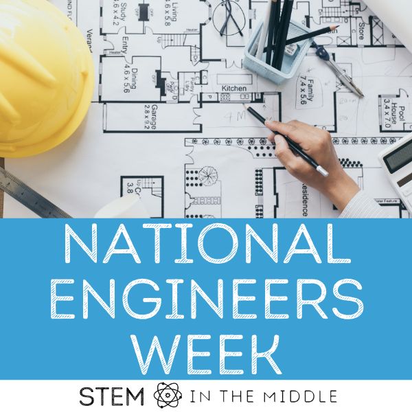 This image shows a hand marking up blueprints and a yellow hardhat. The text reads "National Engineers Week."