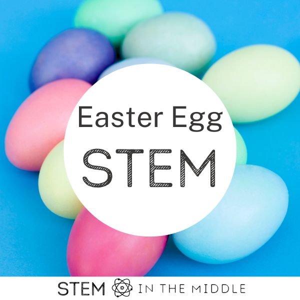 This image shows multicolored Easter eggs on a blue background. The text reads "Easter Egg STEM."