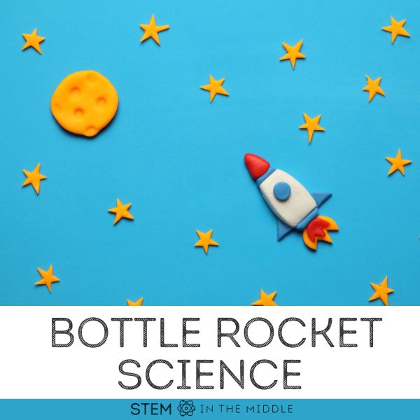 This image shows a rocket, stars and the moon. The text reads "Bottle Rocket Science."