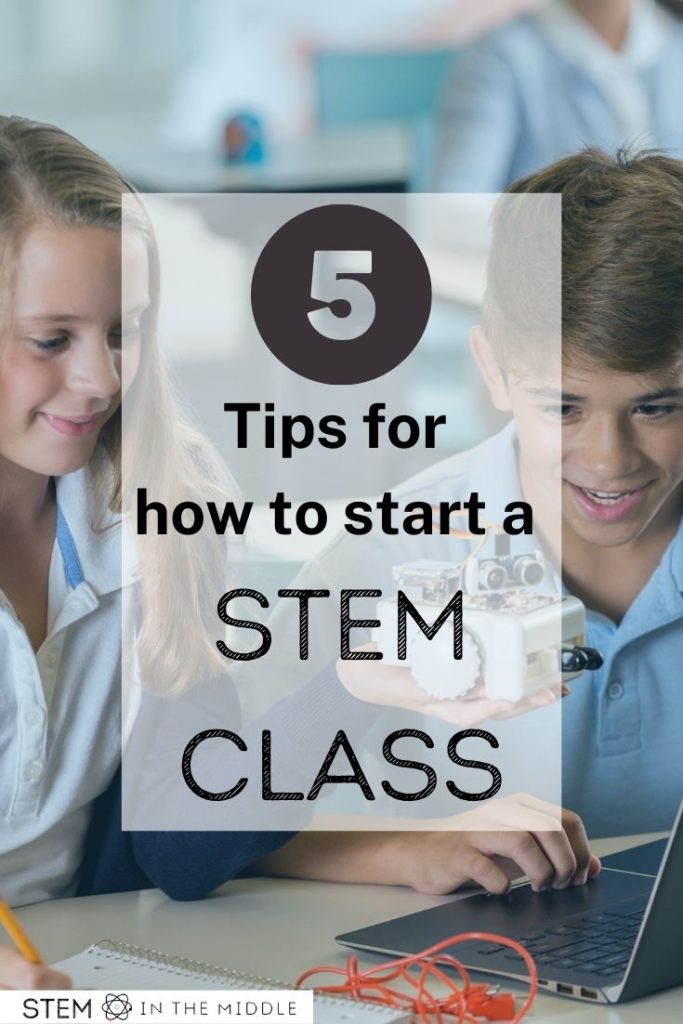 This image shows two students working with a robot and a laptop. The text reads "5 tips for how to start a STEM class."