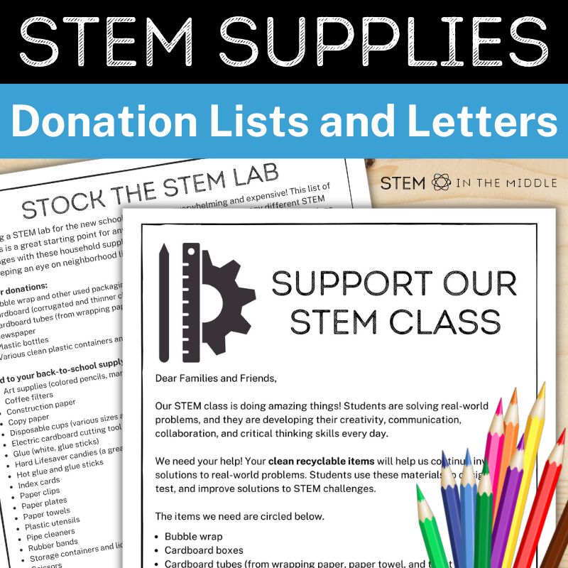 This image shows worksheets titled "Stock the STEM lab," and "Support our STEM class."