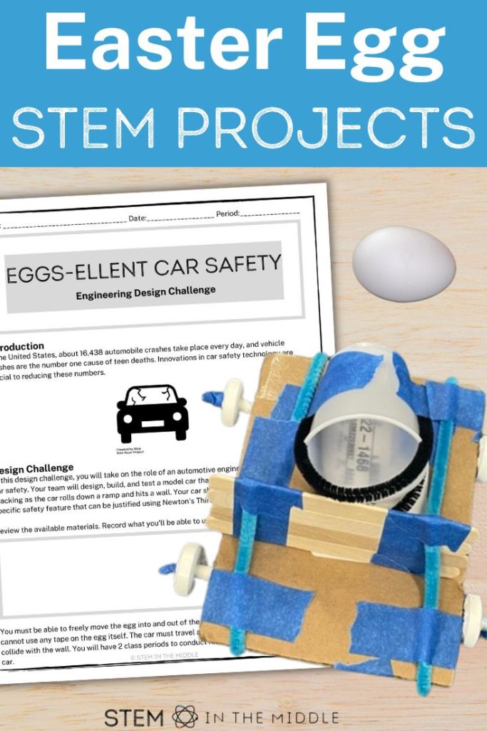 This image is titled "Easter Egg STEM Projects." There is a student worksheet titled "Eggs-ellent Car Safeyt" and a DIY egg car next to a raw egg.