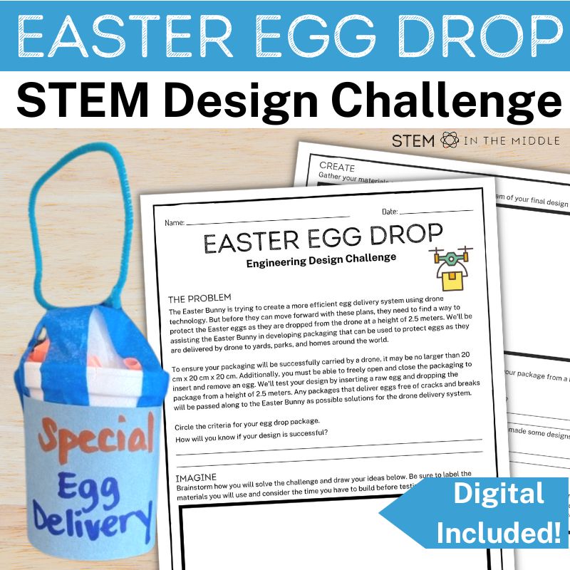 This image shows worksheets titled "Easter Egg Drop." It also shows a egg drop package created from a cup, tape, straws, and pipecleaners.