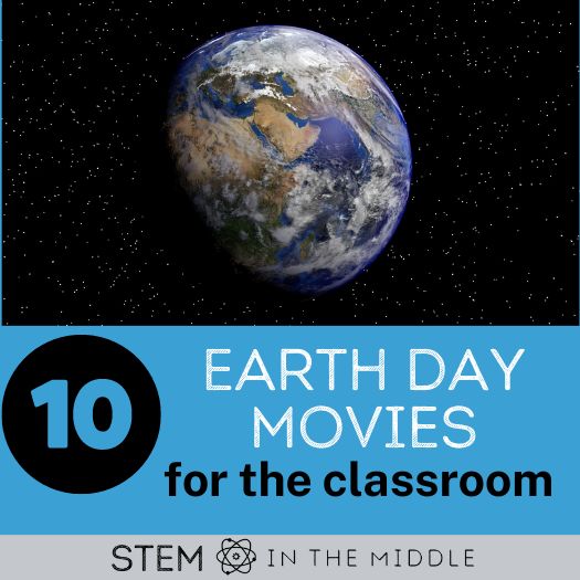 This image shows a satellite image of Earth in a dark sky with stars visible in the distance. The title reads "10 Earth Day movies for the classroom."