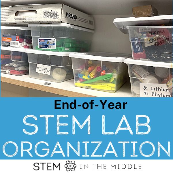 This image shows a cabinet of school organized with clear shoe bins. The text reads "end-of-year STEM Lab organization."