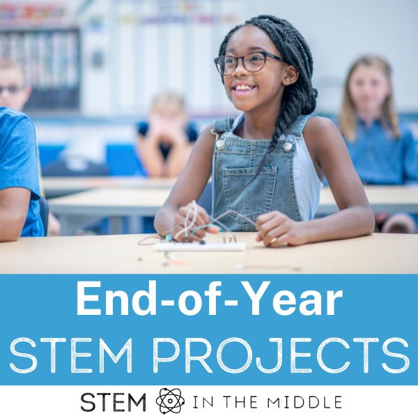 This image shows students in a classroom building. The text reads "End-of-year STEM projects."