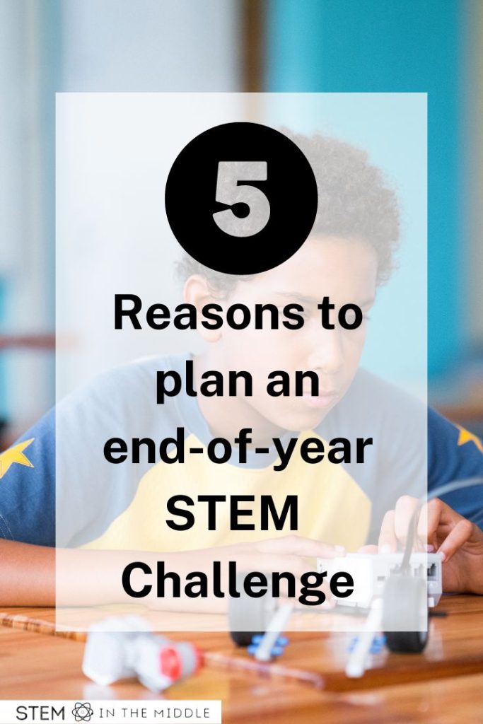 This image shows a student working with a robot in the background. The text reads "5 reasons to plan and end-of-year STEM challenge."