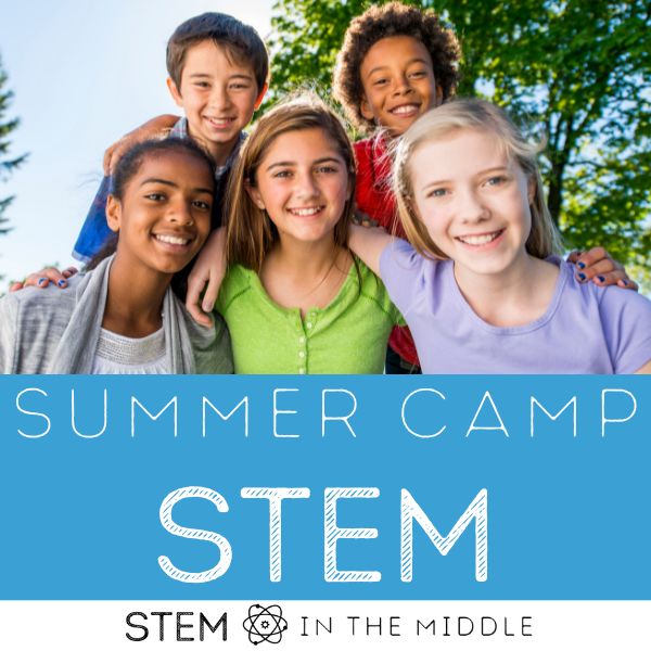 This image shows a group of tweens outside in a casual setting. The text reads "Summer Camp STEM."