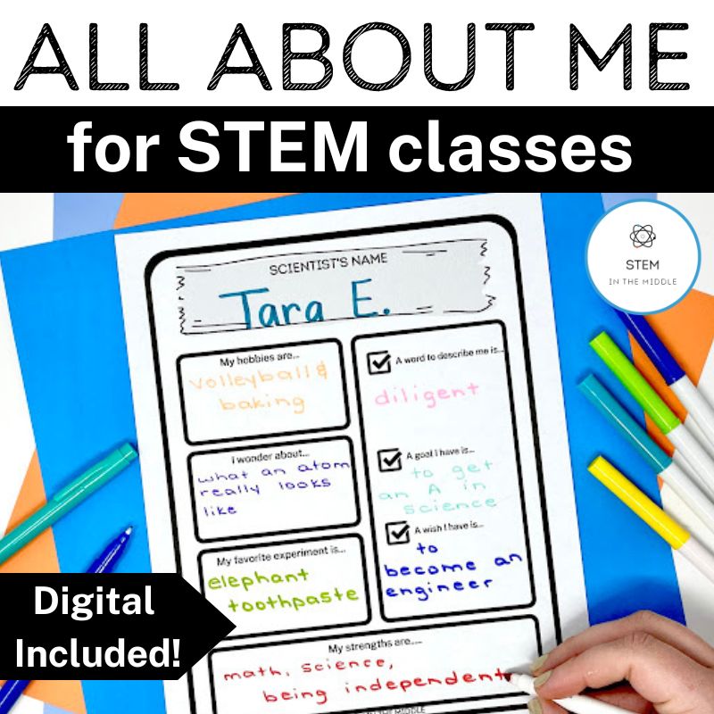 The text reads "All About Me for STEM classes." The image shows a STEM-themed getting-to-know-you worksheet surrounded by school supplies.