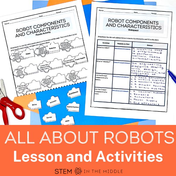 The image shows two worksheets titled "Robot Characteristics and Components." The text reads "All About Robots: Lesson and Activities."