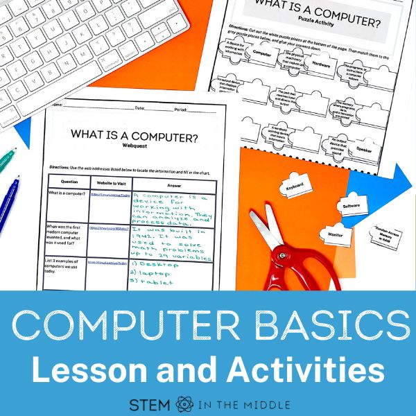 This image shows two worksheets titled "What is a computer." The text reads, "Computer Basics: Lesson and Activities."
