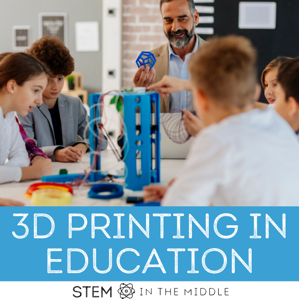 This image shows an adult and standing around a 3D printer. The text reads "3D printing in education."