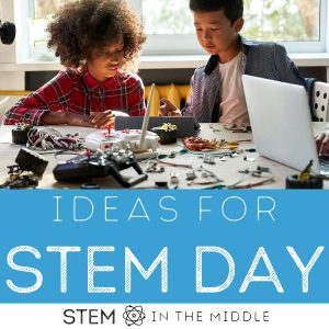 This image shows two kids at a table with a variety of electrical components and a computer. The text reads, "Ideas for STEM Day."