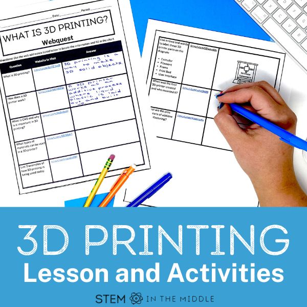 This image shows a person writing on a graphic organizer titled "What is 3D Printing?" The text reads, "3D Printing Lesson and Activities."