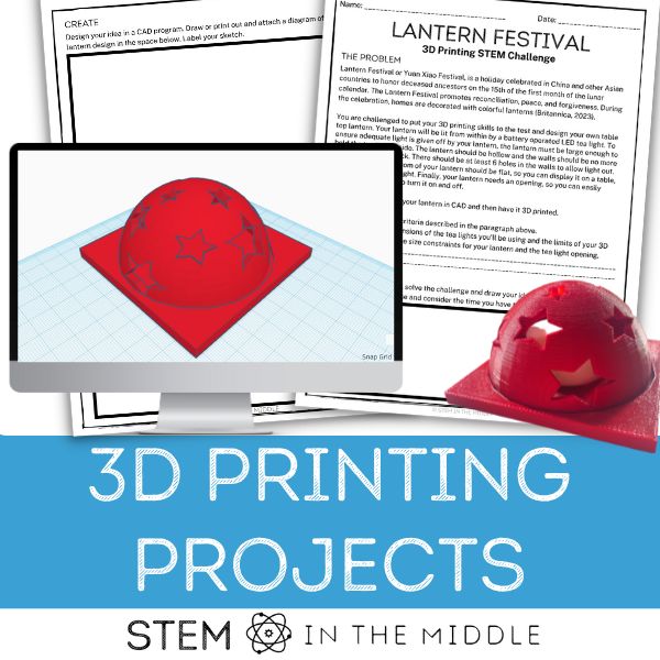 This image shows a worksheet titled "Lantern Festival: 3D Printing STEM Challenge." There is a computer with a CAD model of a red lantern and an image of a 3D printed lantern.