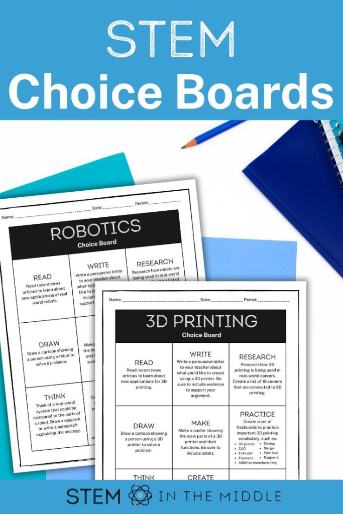 The image shows to worksheets titled "Robotics Choice Board" and "3D Printing Choice Board." The text reads, "STEM Choice Boards."