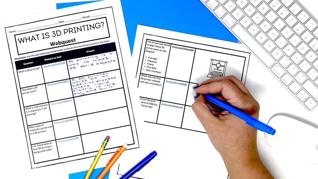 This image shows a graphic organizer titled "What is 3D Printing?" There is a hand writing on the worksheet.