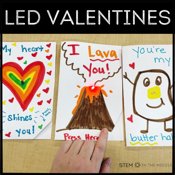This image shows 3 DIY Valentine's Day cards with LED lights. The text reads "LED Valentines." There is a hand pressing a button on the center card to light up the mini LED.