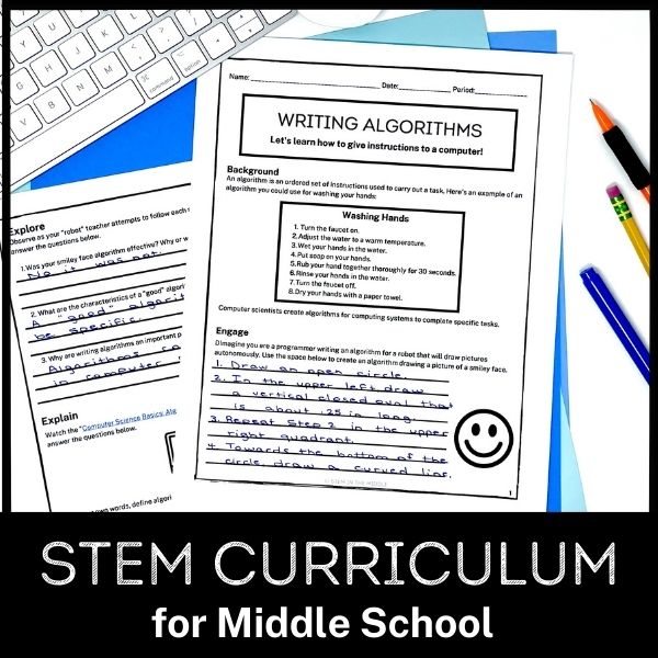 The text reads "STEM curriculum for middle school." The image shows a worksheet titled "Writing algorithms" next to a computer keyboard and writing utensils.