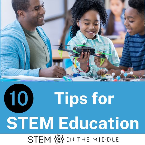 The text reads "10 Tips for STEM Education." The image shows an adult and 2 children examining a drone.