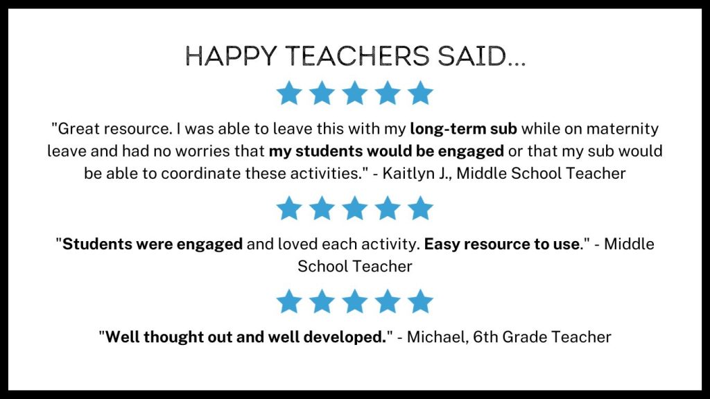 This image reads "Happy Teachers Said..." It provides 3 testimonials from middle school teachers who comment that their students loved the activities, they were easy to use, and well throught out.