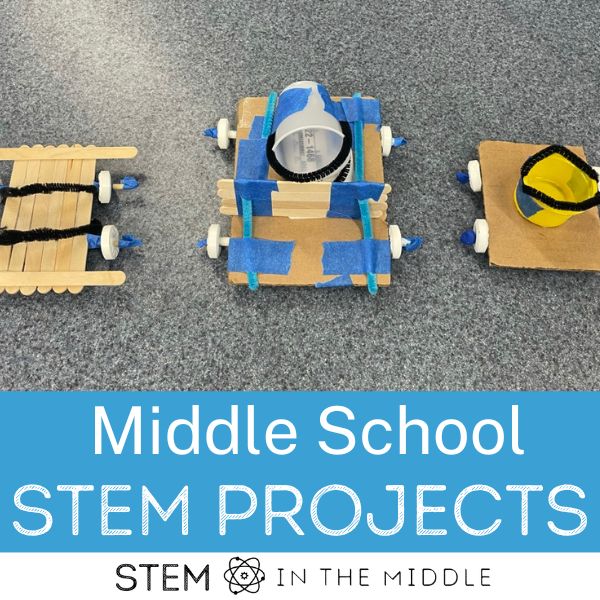 The text reads, "Middle School STEM Projects." The image shows DIY cars made out of household materials.