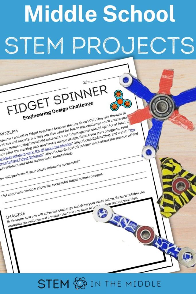 This image reads, "Middle School STEM Projects." The picture shows a worksheet titled "Fidget Spinner: Engineering Design Challenge" and shows 3 DIY fidget spinners created from household materials.