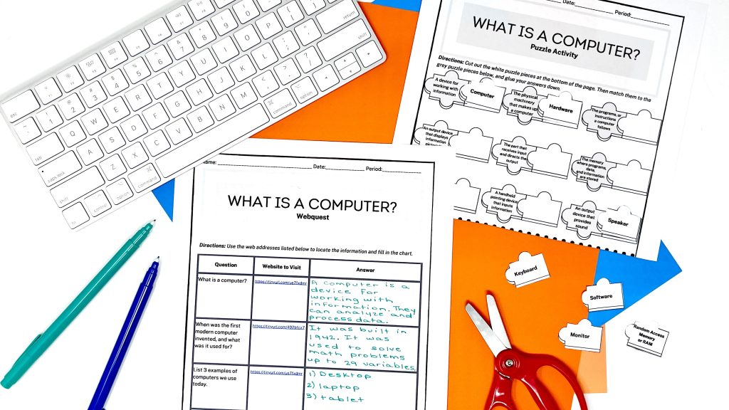 This image shows worksheets titled, "What is a computer?" One is a webquest activity and the other a computer parts vocabulary matching activity.