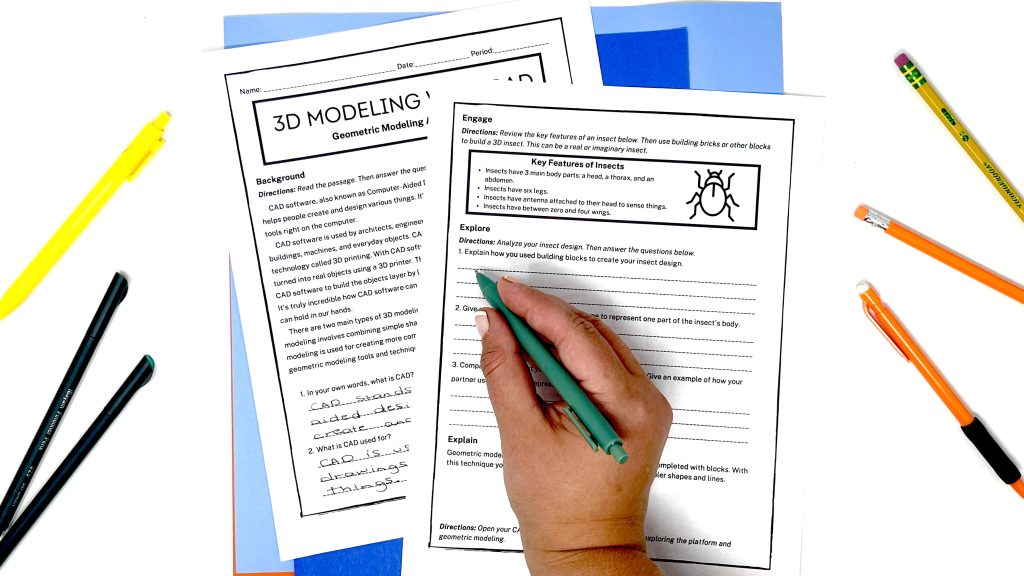 This image shows a hand writing on a worksheet titled "3D modeling with CAD."