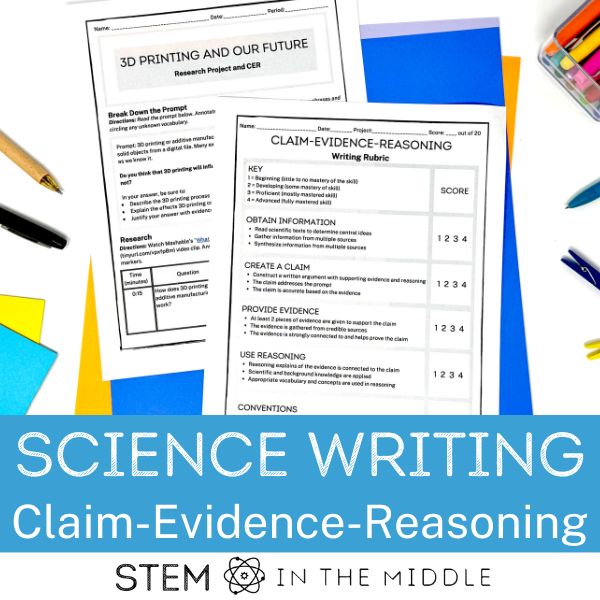 The image title reads, "Science Writing: Claim-Evidence-Reasoning." The image shows a worksheet titled "3D Printing and our Future" and a CER grading rubric.