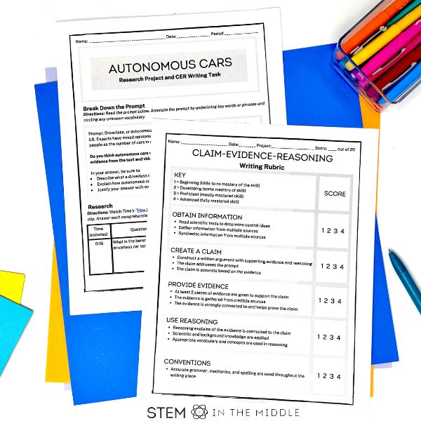 This image shows a worksheet titled "Autonomous Cars: Research Project and CER Writing Task," and "Claim-Evidence-Reasoning Writing Rubric."