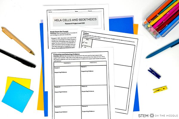 This image shows a set of worksheets titled "HeLa Cells and Bioethics: CER Research Project."