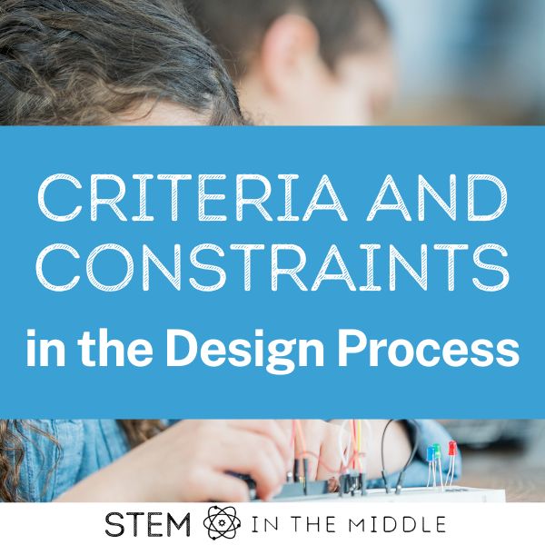 The background shows a child working with a circuit board. The text reads "Criteria and Constraints in the Design Process."