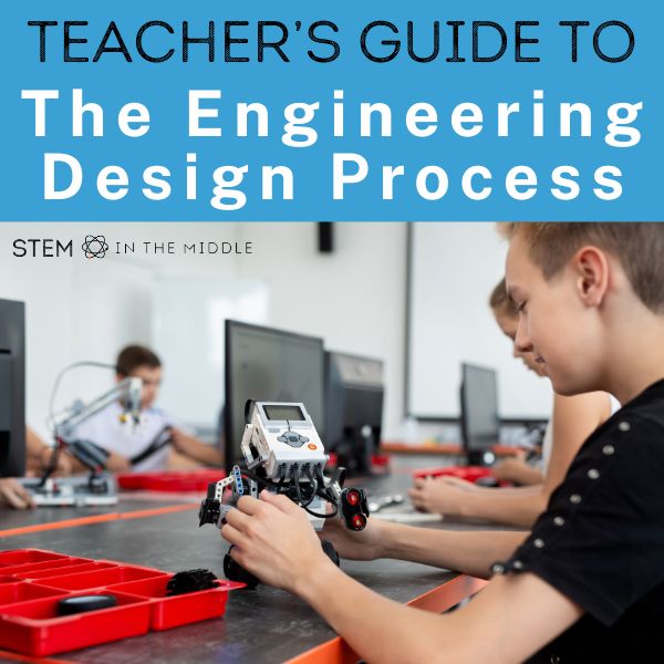 This image shows teens building robots. The text reads, "Teacher's Guide to the Engineering Design Process."