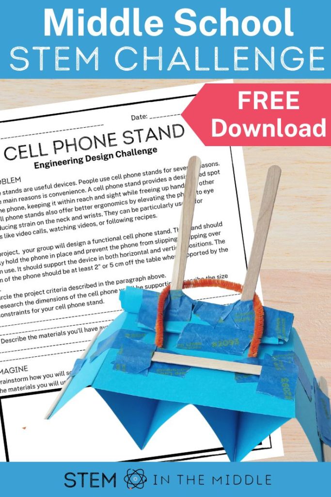 This image shows a DIY cell phone stand created from wooden craft sticks, pipe cleaners, tape, and cardstock. There is a worksheet in the background titled "Cell Phone Stand: Engineering Design Challenge."