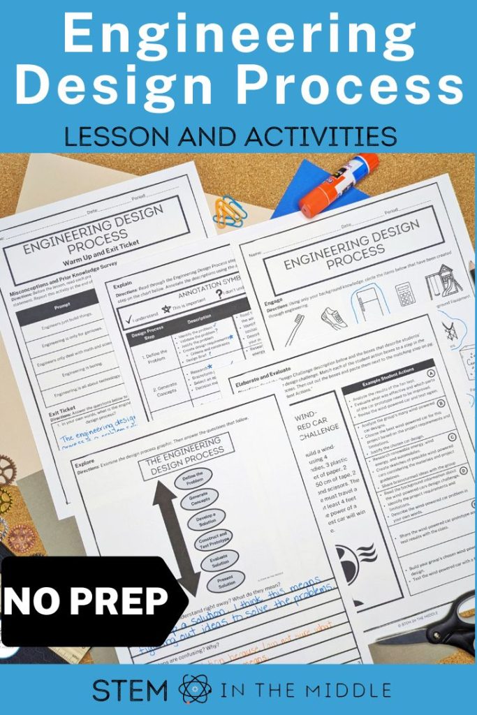 This image shows a set of worksheets titled "Engineering Design Process." The text reads "Engineering Design Process Lesson and Activities, No Prep."