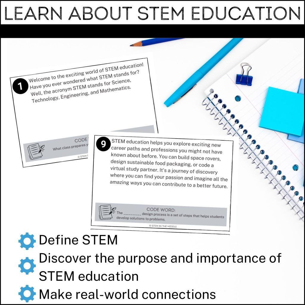 This image shows two task cards with text about STEM education. The text reads "Learn about STEM Education. Define STEM. Discover the purpose and importance of STEM education. Make real-world connections."