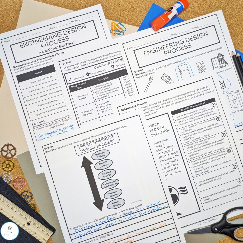 This image shows a set of worksheets titled "Engineering Design Process." The worksheets are surrounded by a ruler, glue, stick, and scissors.