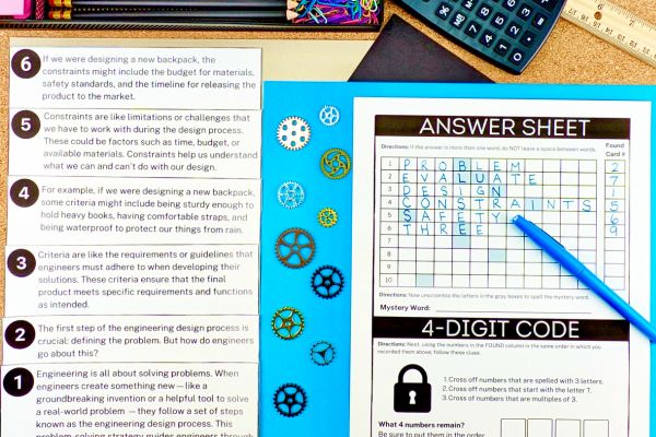 This image shows 6 task cards about criteria and constraints and a scavenger hunt answer sheet surrounded by school supplies.
