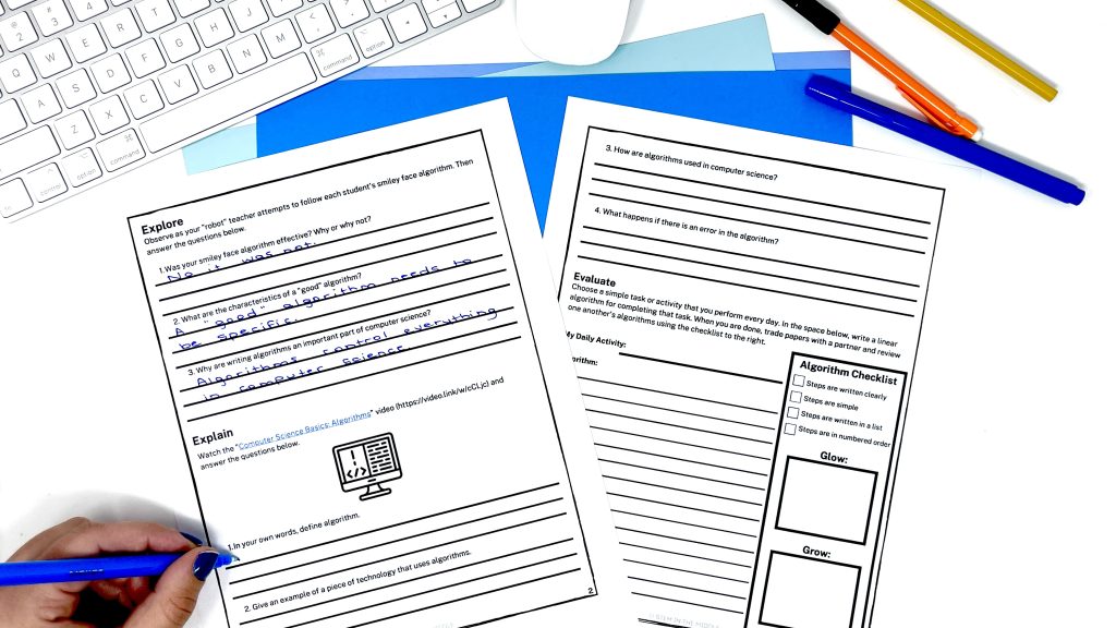 This image shows a worksheet describing algorithms. The worksheet includes an area for students to practice writing their own algorithms and a checklist for peer feedback.