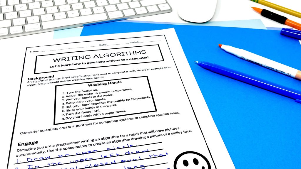 This image shows a worksheet titled "Writing Algorithms." The worksheet includes a definition for algorithm and an example of an algorithm students could follow for washing their hands.