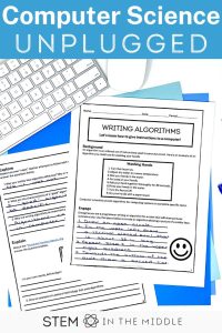 This image shows two worksheets titled "Writing Algorithms" next to a computer mouse and keyboard. The text reads "Computer Science Unplugged."
