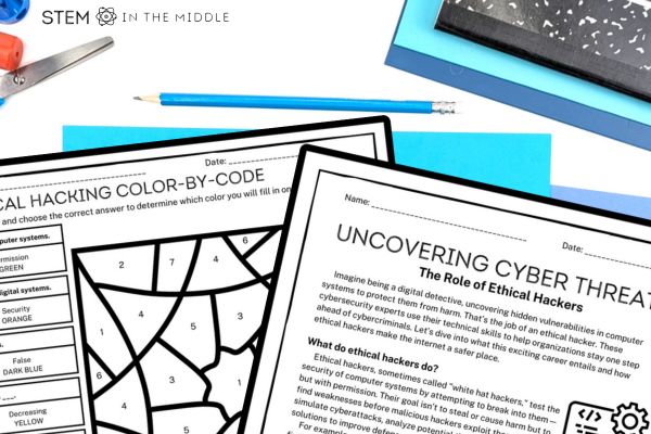 This image shows a reading passage titled "Uncovering Cybersecurity" and a color-by-code worksheet that goes with the reading passage. The worksheets are surrounded by school supplies.