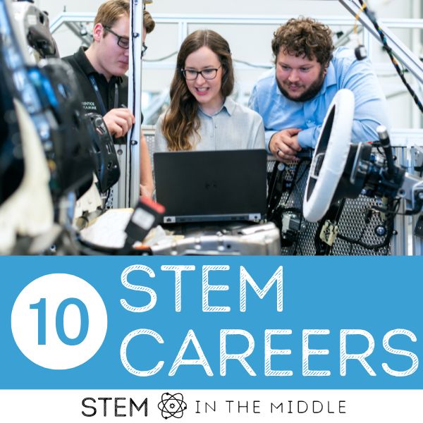 This image is titled "10 STEM Careers." It shows three adults working with a computer and machinery.