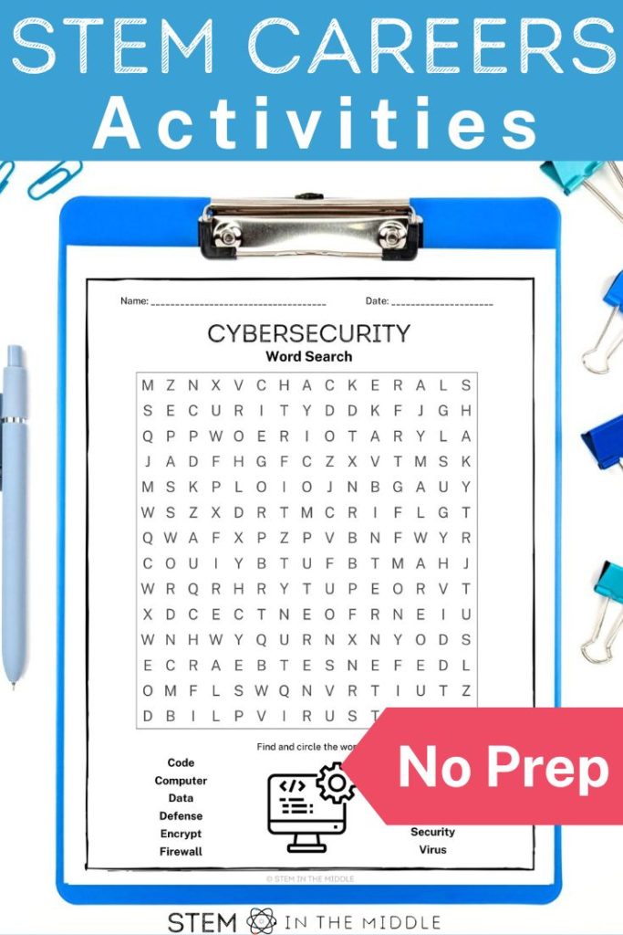 This image is titled "STEM career activities: No Prep." The image shows a Cybersecurity word search on a blue clipboard. The clipboard is surrounded by blue school supplies. 
