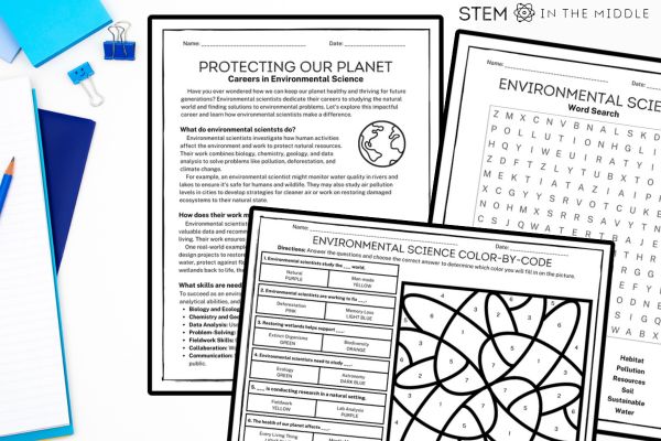 This image shows three worksheets bordered by school supplies. The worksheets include a reading passage, color-by-code activity, and word search about careers in environmental science.