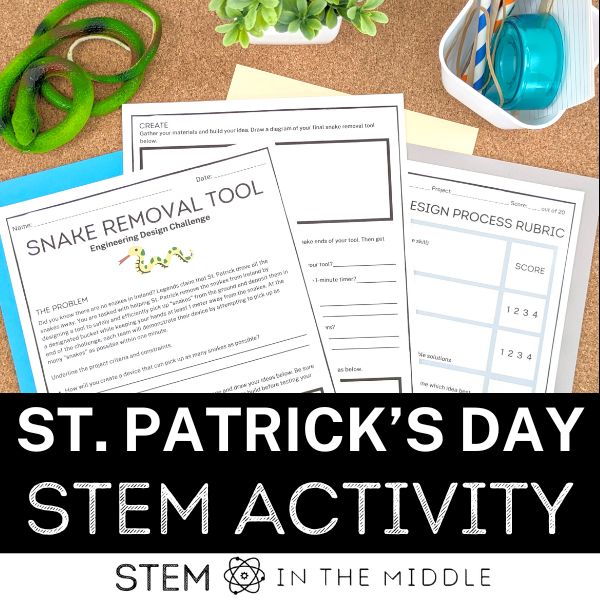 This image shows a set of worksheets titled "Snake Removal Tool." The worksheet is surrounded by a rubber snake, tape, and index cards. The image has text reading, "St. Patrick's Day STEM Activity."