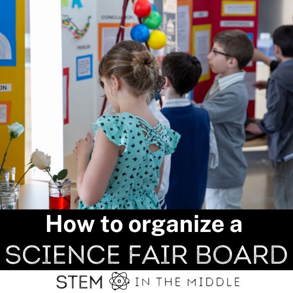 This image is titled "How to organize a Science Fair board." The image shows kids standing in front of Science Fair display boards.